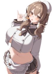 1girl absurdres apron black_choker black_sailor_collar black_skirt bready_(nikke) breasts brown_eyes brown_hair buttons candy choker commentary_request cowboy_shot crop_top crop_top_overhang double-breasted food goddess_of_victory:_nikke hand_up hat highres holding holding_candy holding_food holding_lollipop huge_breasts jinggun korean_commentary lollipop long_hair long_sleeves looking_at_viewer low_twintails midriff miniskirt navel pinky_out pleated_skirt plump sailor_collar shirt simple_background skirt solo stomach tongue tongue_out twintails waist_apron white_background white_hat white_shirt