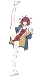 1girl closed_eyes competition_swimsuit flexible one-piece_swimsuit planbi red_hair short_hair smile standing standing_on_one_leg sweater swimsuit tagme v
