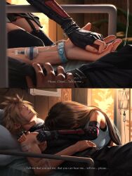 1boy 1girl bare_shoulders bed black_gloves black_hair blonde_hair blood blood_bag bracelet breasts brown_hair close-up closed_eyes closed_mouth cloud_strife commentary crop_top elbow_gloves english_commentary english_text final_fantasy final_fantasy_vii final_fantasy_vii_remake fingerless_gloves gloves hand_on_another&#039;s_shoulder highres hospital_bed indoors injury intravenous_drip iv_stand jewelry large_breasts leaning_on_person long_hair lying on_back safaia sleeveless sleeveless_turtleneck spiked_hair sweater tank_top tifa_lockhart turtleneck turtleneck_sweater unconscious upper_body white_tank_top