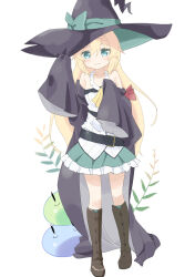 1girl aged_down aizawa_azusa armpit_crease belt black_robe blonde_hair blue_eyes blue_ribbon blue_skirt blush boots breasts brown_boots frilled_skirt frills full_body hair_between_eyes hand_on_headwear hat hat_ribbon highres knee_boots large_ribbon light_smile long_hair looking_at_viewer oversized_clothes ribbon robe shirt simple_background skirt slime_(creature) slime_taoshite_300_nen_shiranai_uchi_ni_level_max_ni_nattemashita small_breasts solo strapless strapless_shirt very_long_hair white_background white_shirt witch witch_hat yamadin