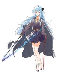 1girl biryu_soso blue_hair hair_ornament hairpin highres korean_clothes long_hair non-web_source original see-through_clothes see-through_sleeves yellow_eyes