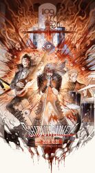 3boys black_hair blood blood_on_face blue_hair cube drum drum_set drumsticks facial_tattoo getou_suguru getou_suguru_(kenjaku) guro highres huli_xiaobai instrument intestines jacket jujutsu_kaisen leather leather_jacket mahito_(jujutsu_kaisen) multiple_boys pink_hair ryoumen_sukuna_(jujutsu_kaisen) sitting spiked_boots spiked_jacket tattoo