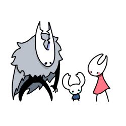 ._. 1girl 2others arm_at_side arthropod_girl black_eyes black_skin blank_eyes blue_cloak blush blush_stickers chibi cloak colored_skin full_body grey_cloak hollow_knight hollow_knight_(character) hornet_(hollow_knight) knight_(hollow_knight) looking_at_another looking_at_viewer multiple_others red_cloak sakana_2-gou simple_background solid_circle_eyes standing white_background