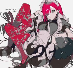 1girl absurdres apron baobhan_sith_(fate) black_dress breasts cernunnos_(fate) character_name dress earrings fate/grand_order fate_(series) grey_eyes high_heels highres jewelry large_breasts long_hair looking_at_viewer maid_headdress mochizuki_kei pink_hair pointy_ears puffy_short_sleeves puffy_sleeves red_thighhighs short_sleeves sidelocks solo stuffed_toy thighhighs waist_apron white_apron