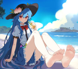 1girl absurdres barefoot beach blue_hair blush feet glass hat highres hinanawi_tenshi long_hair looking_at_viewer red_eyes resoap soles toes touhou