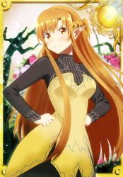 asukamama89 asuna_(sao) black_shirt blush braid breasts brown_eyes cosplay dress elf frown half_up_braid hands_on_own_hips highres isekai_ojisan large_breasts long_hair long_sleeves looking_at_viewer orange_hair parted_bangs pointy_ears shirt sui_(isekai_ojisan) sui_(isekai_ojisan)_(cosplay) sword_art_online titania_(sao) tomatsu_haruka very_long_hair voice_actor_connection yellow_dress