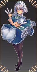 1girl bad_anatomy bad_proportions blush_stickers braid embodiment_of_scarlet_devil female_focus full_body gradient_background izayoi_sakuya knife long_neck maid maid_headdress pantyhose red_eyes saltydanshark short_hair silver_hair solo throwing_knife touhou twin_braids weapon
