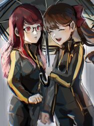 2girls 4me3ba_niku black-framed_eyewear black_jacket blush bow breasts brown_hair closed_eyes closed_mouth glasses gym_uniform hair_bow highres holding holding_umbrella jacket long_hair long_sleeves mole mole_under_eye multiple_girls open_mouth persona persona_5 persona_5_the_royal ponytail red_bow red_eyes red_hair siblings sisters smile umbrella yoshizawa_kasumi&#039;s_sister yoshizawa_sumire