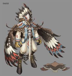 1boy armor bad_id bad_pixiv_id bird brown_hair eagle english_text feathered_wings feathers grey_background highres hooves kahill long_sleeves male_focus mask medium_hair monster_boy original pauldrons shoulder_armor simple_background skull sleeves_past_wrists solo standing talons tribal wings