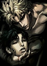 Rule 34 | 2boys, birthmark, black hair, blonde hair, blood, blood on face, closed mouth, collarbone, ear birthmark, eyelashes, highres, joestar birthmark, jojo no kimyou na bouken, jonathan joestar, lips, male focus, multiple boys, nose, parted lips, phantom blood, santamanymany, scar, scar on neck, severed head