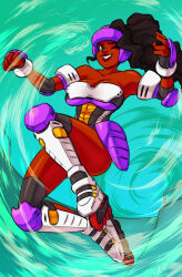1girl action_lines armor arms_up awd! black_hair blue_eyes breasts clenched_hand dark-skinned_female dark_skin elbow_pads female_focus fighting_vipers fingerless_gloves gloves grace_(fighting_vipers) grin helmet inline_skates knee_pads long_hair one_eye_closed ponytail roller_skates sega skate_park skates smile solo solo_focus thick_lips wavy_hair wink