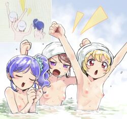 3girls aikatsu!_(series) aqua_scrunchie arms_up blonde_hair blush breasts brown_hair closed_eyes etokakaitari highres hoshimiya_ichigo kiriya_aoi multiple_girls multiple_views nipples onsen open_mouth own_hands_together partially_submerged purple_hair reference_inset screenshot_inset scrunchie shibuki_ran shiny_skin side_ponytail small_breasts steam towel towel_on_head v-shaped_eyebrows water wet