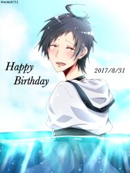 1boy antenna_hair black_choker black_hair choker happy_birthday hood hood_down kamiya_tsurugi male_focus mokafe712 servamp sky tears water yellow_eyes