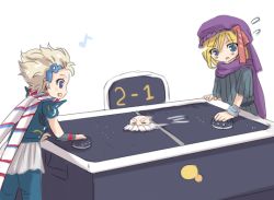 1990s_(style) 2boys :o air_hockey armor blonde_hair blue_eyes cain_highwind ceodore_harvey final_fantasy final_fantasy_iv final_fantasy_iv:_the_after_years flying_sweatdrops fusoya hat hooded_man long_hair male_focus minnku multiple_boys open_mouth retro_artstyle simple_background smile standing upper_body veil white_background