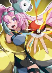 bow-shaped_hair character_hair_ornament creatures_(company) fake_hair_bun game_freak grey_pantyhose hair_ornament hexagon_print iono_(pokemon) jacket manbou_(wjxj5237) multicolored_hair nintendo oversized_clothes pantyhose pokemon pokemon_sv sharp_teeth single_leg_pantyhose sleeves_past_fingers sleeves_past_wrists split-color_hair teeth two-tone_hair very_long_sleeves x yellow_jacket