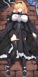 1girl black_boots black_cloak black_corset black_hairband black_thighhighs blonde_hair blush boots breasts center_frills cloak closed_eyes commentary_request commission corset frilled_shirt frills hair_ornament hairband highres large_breasts long_sleeves lying medium_hair on_back original parted_lips shirt skeb_commission solo thighhighs white_shirt yamato_(muchuu_paradigm)