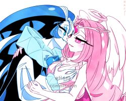 1boy 1girl angel angel_wings blue_eyes blue_skin brooch colored_skin cookie_run cookie_run:_kingdom dress eternal_sugar_cookie haep0510 hat highres humanization jester_cap jewelry long_hair long_sleeves neck_ruff pink_eyes pink_hair pink_skin puffy_sleeves shadow_milk_cookie simple_background smile very_long_hair white_dress white_hair wings