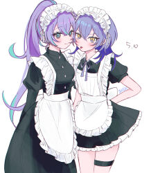 2girls alternate_costume apron black_dress blue_eyes blue_hair blush collared_dress copyright_request dress enmaided frilled_apron frills genderswap genderswap_(mtf) high_ponytail highres long_hair long_sleeves looking_at_viewer maid maid_apron maid_headdress multicolored_hair multiple_girls neck_ribbon ponytail puffy_short_sleeves puffy_sleeves purple_hair purple_ribbon ribbon short_sleeves simple_background smile soda7887 streaked_hair thigh_strap tongue tongue_out white_apron white_background yellow_eyes