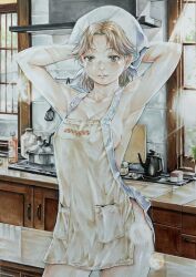 1girl apron armpits bottle breasts brown_eyes brown_hair character_request classroom colored_pencil_(medium) copyright_request katsu_(24791909) kettle kitchen large_breasts light_rays marker_(medium) mature_female naked_apron short_hair spatula teacher traditional_media