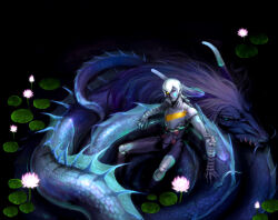 1boy blue_eyes blue_scales bodysuit commentary_request curled_up demon_(megami_tensei) digital_devil_saga dragon facial_mark glowing glowing_eyes glyph grey_armor grey_bodysuit grey_hair lily_pad long_hair looking_up male_focus marking_on_cheek partial_transformation partially_submerged pond rebasashi seiryuu_(megami_tensei) serph shin_megami_tensei short_hair sitting_on_animal tattoo water