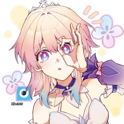 1girl artist_name bare_shoulders blue_collar blue_eyes blue_hair bow bright_pupils chinese_commentary collar colored_tips commentary_request detached_collar detached_sleeves dress gradient_sleeves hand_up honkai:_star_rail honkai_(series) looking_at_viewer march_7th_(honkai:_star_rail) march_7th_(nascent_spring)_(honkai:_star_rail) medium_hair multicolored_eyes multicolored_hair notice_lines off-shoulder_dress off_shoulder official_alternate_costume ok_sign ok_sign_over_eye open_mouth parted_lips pink_bow pink_eyes pink_hair portrait purple_sleeves solo tiara two-tone_collar two-tone_eyes white_collar white_dress white_pupils white_sleeves xback05