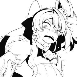 Rule 34 | 1girl, 1other, absurdres, alternate costume, asymmetrical hair, blush, breasts, clenched hand, commentary request, dress, empire waist, expression request, frown, furrowed brow, grabbing another&#039;s arm, greyscale, hair ribbon, hair rings, hairband, hand on own chest, hatsune miku, highres, juliet sleeves, long hair, long sleeves, looking at viewer, medoshikorinda, monochrome, open mouth, out of frame, psi (vocaloid), puffy sleeves, ribbon, simple background, single hair ring, small breasts, solo, solo focus, sweat, tearing up, twitching, uneven eyes, very sweaty, vocaloid, wavy eyes, wavy mouth