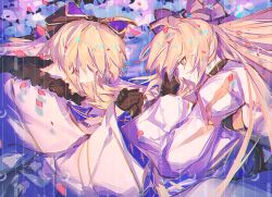 2girls aesc_(fate) aesc_(savior)_(fate) artoria_caster_(fate) artoria_pendragon_(fate) black_gloves blonde_hair bow closed_eyes fate/grand_order fate_(series) fur_trim gloves green_eyes hair_between_eyes hair_bow highres holding_hands long_hair multiple_girls ponytail sakuranull