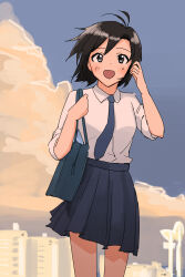 annko antenna_hair bag black_hair blue_eyes blue_skirt blush brushing_hair brushing_own_hair cityscape collared_shirt handbag highres idolmaster kikuchi_makoto necktie open_mouth parted_bangs school_uniform shirt sidelocks skirt sky smile