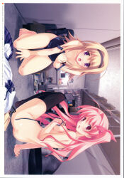 2000s_(style) 2008 2girls absurdres antenna_hair ass back bare_shoulders barefoot between_legs black_headband black_thighhighs blonde_hair blue_one-piece_swimsuit blush bottomless bow bowtie box bra breasts butt_crack chaos;head cleavage clothes_pull collarbone collared_shirt covering_breasts covering_nipples covering_privates dated embarrassed exif_rotation feet figure fingernails hair_ribbon hand_between_legs headband highleg highres holding holding_unworn_clothes indoors jacket kneeling long_hair long_sidelocks looking_at_viewer matsuo_yukihiro medium_breasts monitor multiple_girls narrow_waist necktie nishijou_nanami no_panties non-web_source official_art on_floor one-piece_swimsuit one-piece_swimsuit_pull open_mouth partially_undressed pink_eyes pink_hair plaid_bow plaid_bowtie plaid_clothes plaid_skirt pleated_skirt purple_eyes ribbon sakihata_rimi school_swimsuit school_uniform shirt shoulder_blades sideboob sidelocks sitting skirt small_breasts stray_hair suimei_school_uniform swimsuit thighhighs toenails toes tongue underboob underwear unworn_clothes unworn_jacket unworn_shirt unworn_skirt white_bra white_shirt