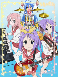 &gt;_&lt; 4girls bass_guitar closed_mouth dot_nose drum drumsticks fender_(company) gibson guitar hiiragi_kagami hiiragi_tsukasa instrument izumi_konata k-on! keyboard keyboard_(instrument) korg long_hair lucky_star mole mole_under_eye multiple_girls open_mouth parody shoes siblings sisters smile socks standing takara_miyuki third-party_edit twins white_socks yamaha