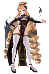 1girl absurdres black_dress black_footwear black_horns black_nails black_sclera black_sleeves blonde_hair breasts china_dress chinese_clothes closed_mouth clothing_cutout colored_sclera commission covered_navel demon_girl demon_horns demon_tail demon_wings detached_sleeves dress drill_hair earrings eyelashes fur-trimmed_sleeves fur_trim green_eyes hand_on_own_hip highres horns jewelry large_breasts long_hair original pelvic_curtain pixiv_commission pointy_ears rossy_(yowayowachimpo) sleeveless sleeveless_dress smile tail thighhighs underboob_cutout very_long_hair white_thighhighs wings
