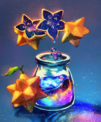 blue_background bottle commentary english_commentary food food_focus fruit glowing highres jam no_humans original star_(symbol) watermark web_address yuumei