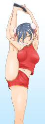 1girl armpits arms_up black_footwear blue_background blue_hair breasts chinese_clothes dot_nose double_bun forehead gradient_background green_eyes hair_between_eyes hair_bun hair_ribbon highres holding_own_foot large_breasts leg_hold leg_up light_blush lips looking_at_viewer midriff narrowed_eyes navel original parted_lips pink_ribbon red_shirt red_shorts ribbon shirt short_shorts shorts solo split standing standing_on_one_leg standing_split tatsuro_karma
