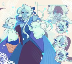 1girl blue_dress blue_skin breasts colored_skin cookie_run cookie_run:_kingdom dress evil_grin evil_smile grin heterochromia highres long_hair shadow_milk_cookie shadow_milk_cookie_(female) slit_pupils smile solo usel_e very_long_hair white_hair
