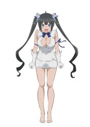 1girl absurdres arms_at_sides bare_shoulders barefoot black_hair blue_bow blue_bowtie blue_eyes blue_ribbon bow bowtie breasts cleavage clenched_hands dress dungeon_ni_deai_wo_motomeru_no_wa_machigatteiru_darou_ka full_body gloves hair_ribbon hestia_(danmachi) highres large_breasts long_hair official_art open_mouth ribbon short_dress sleeveless sleeveless_dress standing teeth tight_clothes tight_dress twintails upper_teeth_only v white_background white_dress white_gloves