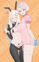 2girls alternate_costume arimura_mao bandages bare_legs bikini black_bikini black_pants blonde_hair blue_eyes blush breasts collarbone cowboy_shot english_text gakuen_idolmaster hair_ornament hairclip hat heart highres idolmaster jin_rou large_breasts leotard meme_attire micro_bikini multiple_girls navel necktie nurse nurse_cap orange_eyes panties pants pink_hair playboy_bunny rabbit_ears reverse_bunnysuit reverse_outfit shinosawa_hiro short_hair small_breasts swimsuit thigh_gap twitter underwear v white_panties yellow_necktie
