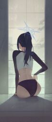Rule 34 | 1girl, absurdres, ass, bikini, bikini bottom only, black bikini, black hair, blue archive, blue hair, commentary, facing away, from behind, halo, highres, kji (rozo), long hair, long sleeves, median furrow, multicolored hair, ponytail, raglan sleeves, rash guard, saori (blue archive), sitting, solo, swimsuit, tile floor, tiles, two-tone hair