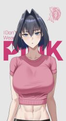 Rule 34 | 1girl, abs, absurdres, alternate costume, black hair, breasts, cropped sweater, english text, grey background, hair between eyes, hair intakes, highres, hololive, hololive english, large breasts, light blush, looking at viewer, midriff, navel, ouro kronii, parted lips, shirt, short-sleeved sweater, short hair, short sleeves, solo, squiggle, straight-on, sweater, tight clothes, tight shirt, upper body, virtual youtuber, zenya