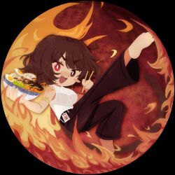 Rule 34 | 1girl, absurdres, barefoot, bowl, breasts, brown eyes, brown hair, chopsticks, commentary, detached sleeves, english commentary, fang, fire, food, full body, hardboiled egg, heterochromia, highres, holding, holding bowl, holding chopsticks, holding food, id card, large breasts, mushroom, noodles, open mouth, original, red eyes, saccharhythm, shirt, skin fang, sleeveless, sleeveless shirt, solo, v-shaped eyebrows