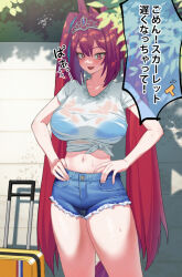 1girl acaa animal_ears breasts commentary_request daiwa_scarlet_(umamusume) denim denim_shorts highres horse_ears horse_girl horse_tail large_breasts long_hair looking_at_viewer navel outdoors red_eyes red_hair see-through_clothes see-through_shirt shirt short_shorts shorts smile solo sunlight sweat tail tiara tied_shirt translated umamusume very_long_hair