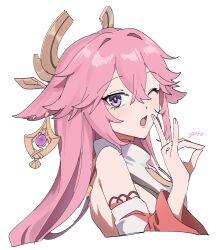 1girl animal_ears commentary cropped_torso earrings fox_ears fox_girl fox_shadow_puppet from_side genshin_impact hair_between_eyes highres jewelry long_hair open_mouth pink_hair purple_eyes signature simple_background solo uehara_suiyo white_background yae_miko