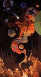 6+others alien artist_name campfire chert_(outer_wilds) ciearcab comet esker_(outer_wilds) fire forest gabbro hatchling_(outer_wilds) highres multiple_others nature night outdoors outer_wilds outer_wilds:_echoes_of_the_eye planet riebeck_(outer_wilds) scenery smile smoke solanum_(outer_wilds) space the_prisoner_(outer_wilds) tree