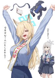2girls absurdres animal_ears arms_up bags_under_eyes birthday_sash black_hair black_jacket blonde_hair blue_archive blue_halo blue_shirt blue_skirt dog_ears dog_girl floral_print_shirt grey_hair grey_halo halo hand_up hawaiian_shirt highres jacket kanna_(blue_archive) konoka_(blue_archive) long_hair long_sleeves looking_at_another mask mask_lift mouth_mask multicolored_hair multiple_girls necktie open_clothes open_jacket open_mouth outstretched_arms pleated_skirt sharp_teeth shirt simoumi_217 simple_background skirt streaked_hair sweat teeth translation_request unworn_jacket unworn_necktie upper_teeth_only white_background white_mask