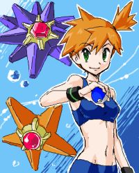 00s 1girl artist_request bikini blue_background blue_bikini bubble creatures_(company) game_freak gen_1_pokemon green_eyes gym_leader holding holding_poke_ball looking_at_viewer lowres midriff misty_(pokemon) navel nintendo orange_hair poke_ball pokemon pokemon_(creature) pokemon_frlg ponytail short_hair short_ponytail side_ponytail smile solo_focus sports_bikini starmie staryu swimsuit wristband