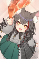 +_+ 1girl animal_ear_fluff animal_ears arm_up black_hair black_ribbon blush boned_meat braid commentary_request dress drooling fang food from_above grey_shirt hair_between_eyes highres holding holding_food hololive long_sleeves looking_at_viewer looking_up meat mia960 mouth_drool multicolored_hair ookami_mio ookami_mio_(8th_costume) open_mouth paw_print puffy_long_sleeves puffy_sleeves ribbon shirt signature skin_fang skirt solo sparkle streaked_hair sunburst twin_braids wolf_ears wolf_girl