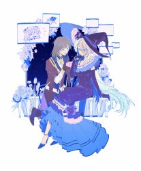 1boy 1girl absurdres black_gloves black_hair blue_eyes fate/grand_order fate_(series) flower gloves hair_between_eyes hair_flower hair_ornament hat high_heels highres long_hair looking_at_viewer morgan_le_fay_(fate) oberon_(fate) oberon_(overnight_dream)_(fate) oberon_(third_ascension)_(fate) short_hair smile veil white_hair witch_hat yebeiming