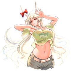 1girl :3 absurdres arm_up armpits belt black_pants bow breasts cleavage clothes_writing crop_top detached_sleeves edz_drawz ex-keine green_hair green_shirt highres horn_bow horn_ornament horn_ribbon horns kamishirasawa_keine large_breasts long_hair looking_at_viewer midriff navel pants red_bow red_eyes ribbon shirt shorts simple_background solo sukusuku_hakutaku touhou white_background