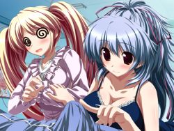 2girls @_@ blonde_hair blue_hair blush breasts cleavage game_cg mitsumine_minato multiple_girls oshiki_hitoshi suzunone_seven takatori_yuzuri twintails