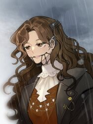 1girl braces brown_coat brown_eyes brown_hair coat dress grin jewelry long_hair necklace overcast rain red_dress reverse:1999 shirt sky smile solo the_pran tooth_fairy_(reverse:1999) tooth_necklace upper_body wavy_hair wet white_shirt