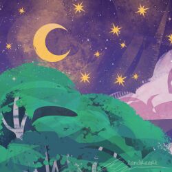 Rule 34 | artist name, cloud, commentary, crescent moon, english commentary, forest, moon, nature, night, night sky, no humans, original, outdoors, scenery, signature, sky, star (sky), tree, zandra